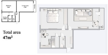 2D Floor Plan with Furniture Layout and Areas